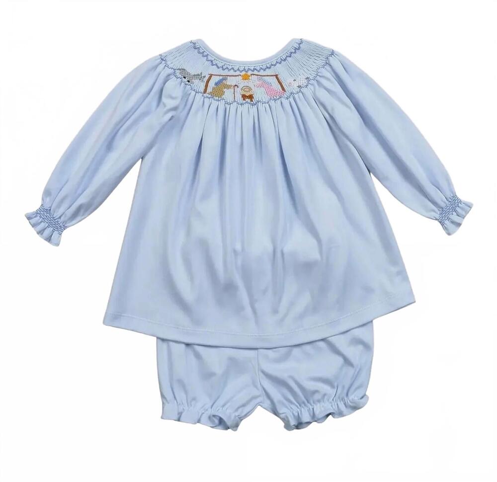 NEW BABY LOREN kid's nativity smocked bloomer set in blue